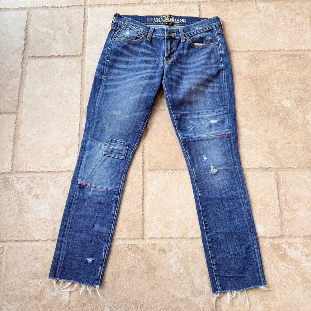 Lucky Brand Zoe Skinny Jeans‎ Women Blue Distressed Patch Detail Raw Hem